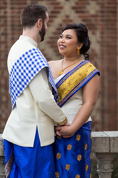Bride and groom in traditional Laotian attire