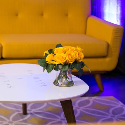 Mustard mid-century sofa wedding lounge by Haven & Gather