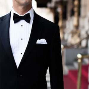 Black suit rental with black silk bowtie