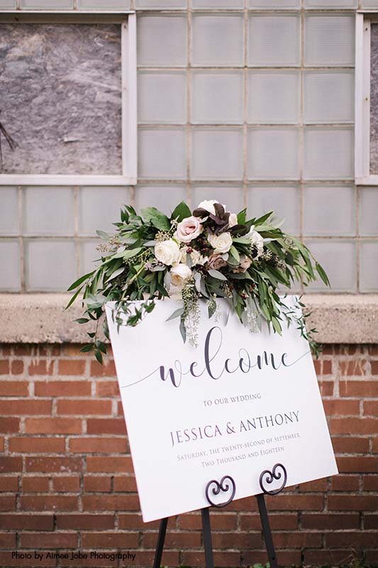 Modern welcome wedding sign on white stationary, with black writing