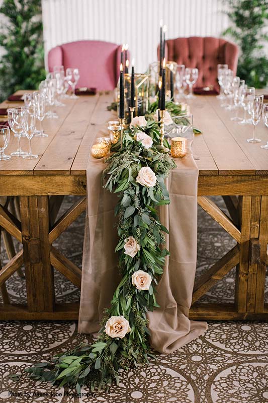 White rose and greenery head table runner for wedding