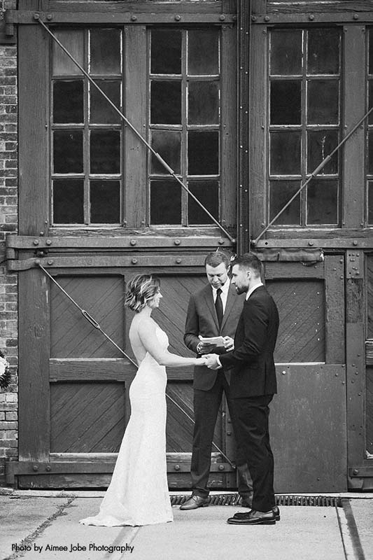 Black and white rustic ceremony photo