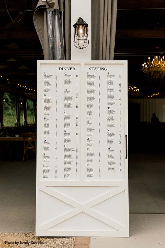 Simple black and white wedding seating chart at Round Barn Farm