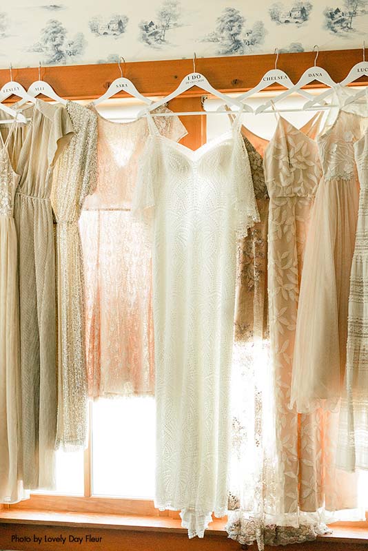 Boho bridal gown with neutral bridesmaids dresses