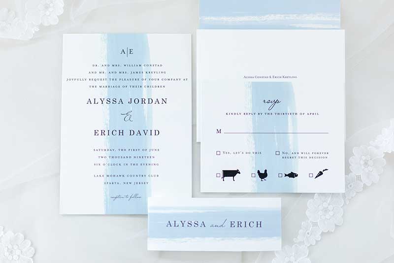 Simple baby blue and white lake wedding invite
