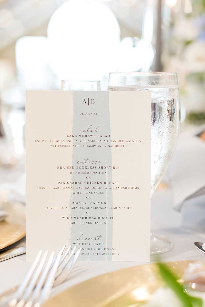 Simple baby blue and white summer wedding menu