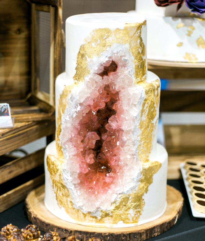 Pink and gold geode wedding cake