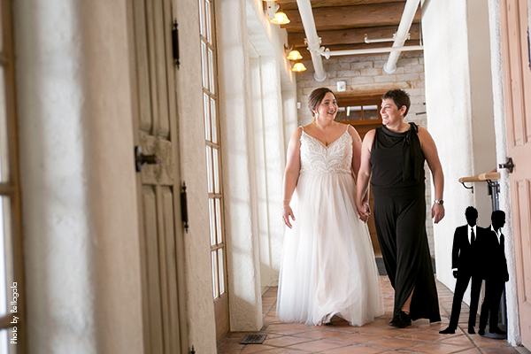 Brides wearing black and white dresses