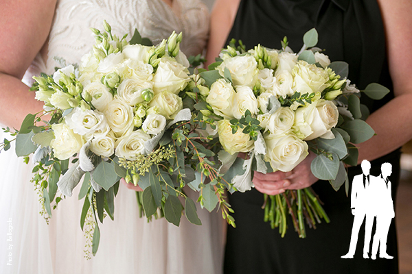 White rose and eucalyptus bridal bouquets