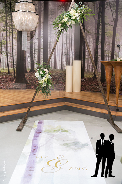 Custom forest themed aisle runner with purple and gold accents