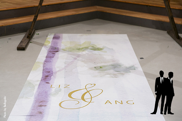 Custom water color aisle runner with gold and purple accents