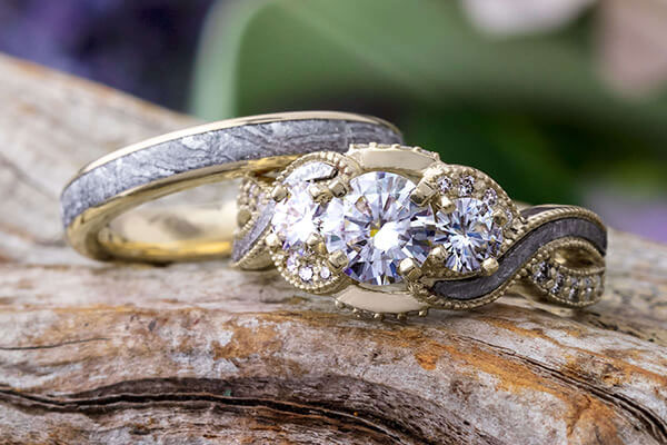 Meteorite and diamond wedding rings