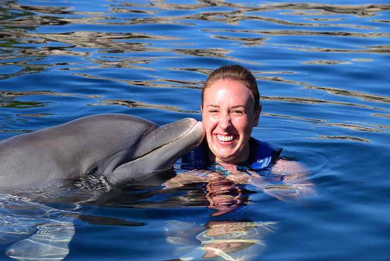 Woman takes swim with dolphins