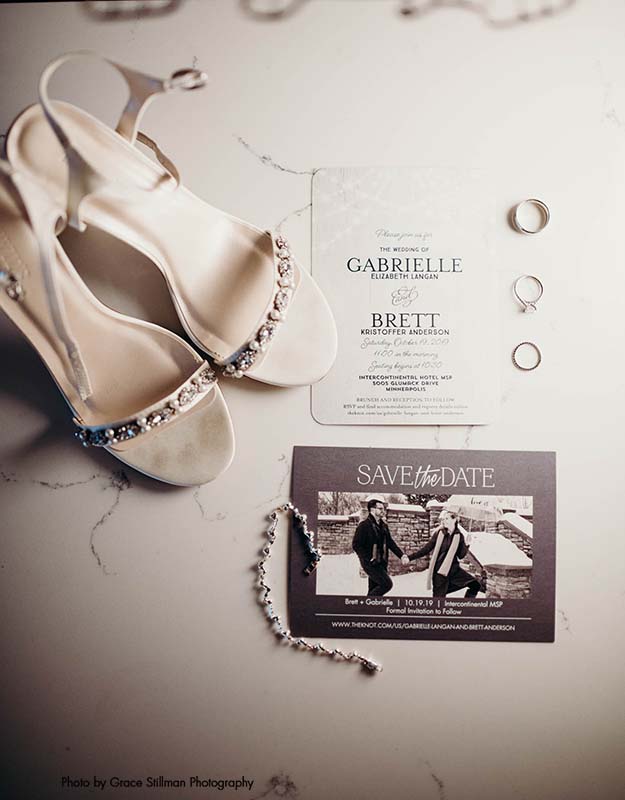 Wedding shoes, invite, and rings