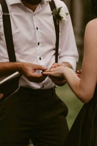 Groom places ring on bride's finger