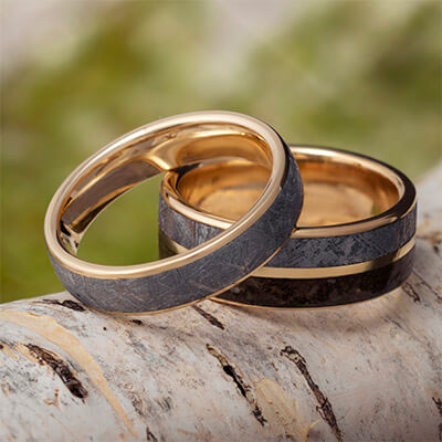 Meteorite and rose gold wedding bands