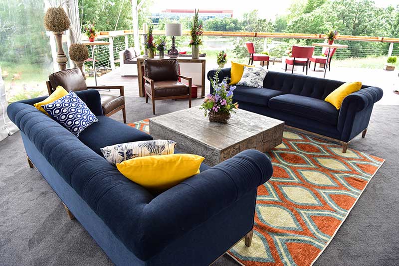 navy velvet couches at event