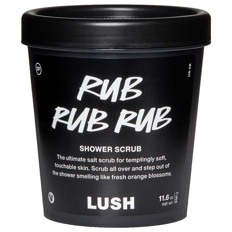 Body scrub in black container by LUSH