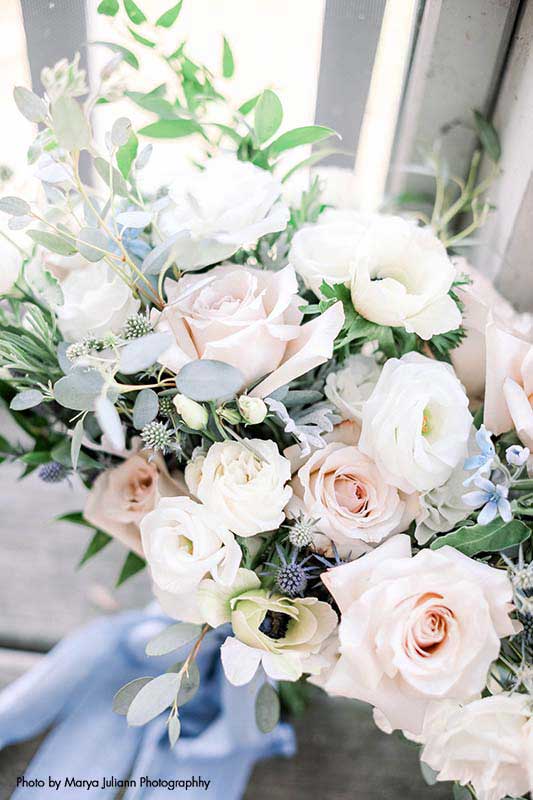 Light blue and blush wedding bouquet
