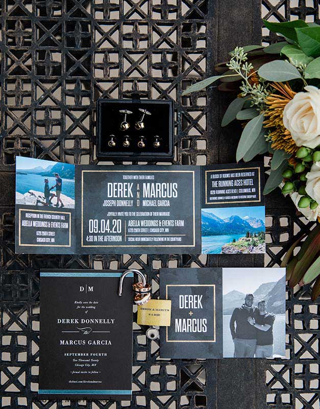 Black and white bold wedding invites with engagement photographs of couple