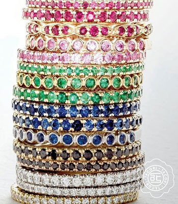 Wedding bands in colorful gemstones at Arthur's Jewelers