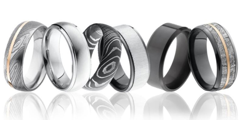Silver, black and damascus steel men's wedding bands