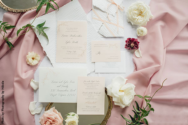 Blush pink and white pastel wedding invitation by Epitome Papers