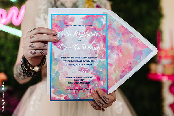 Rainbow watercolor wedding invitation by Epitome Papers