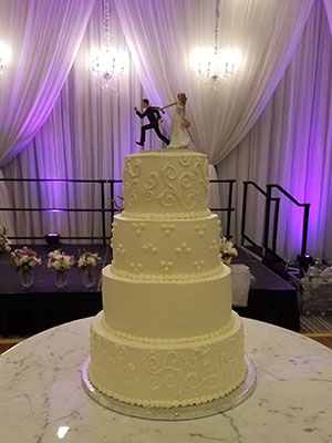 White wedding cake with piped flowers