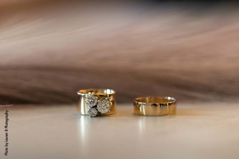 Gold wedding band and gold diamond wedding engagement ring