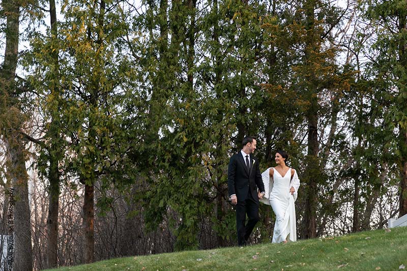Modern black tie bride and groom fall wedding attire
