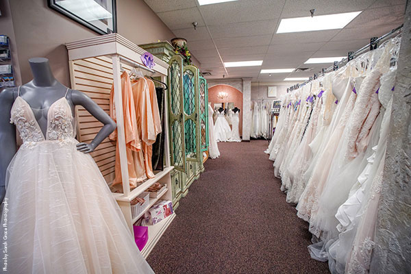 Racks of bridal gowns at Minnesota bridal salon