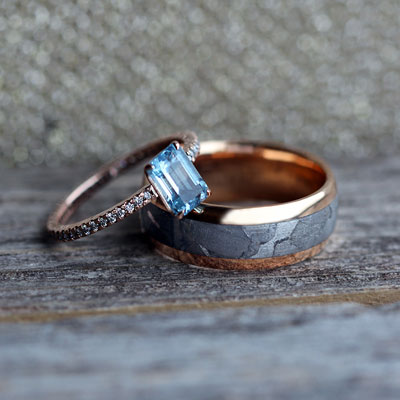 Rose gold wedding ring with blue gemstone
