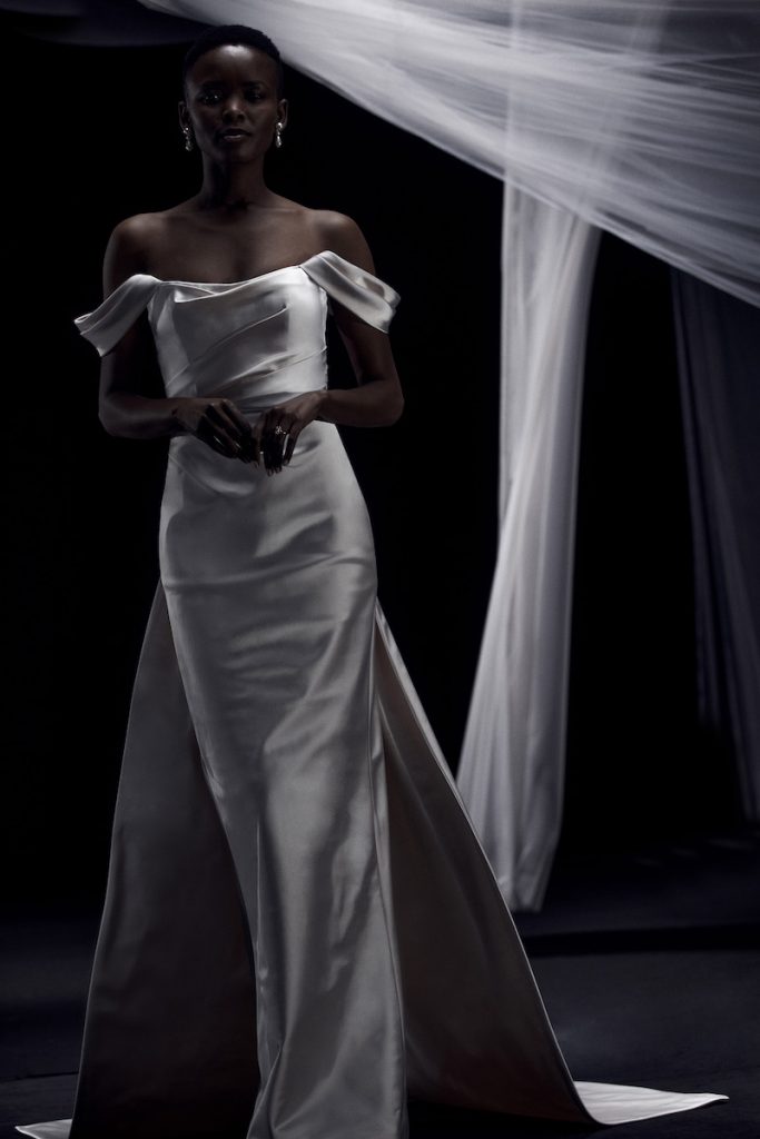 Smooth satin off-the-shoulder sleeve wedding gown 