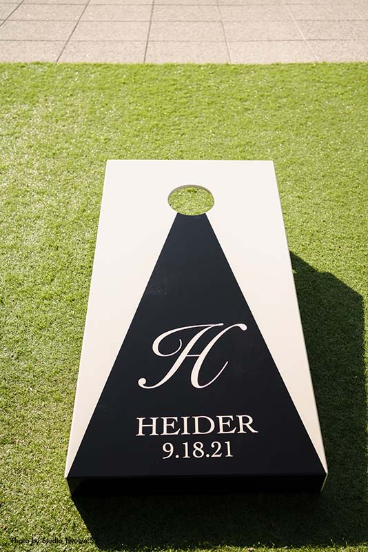 Personalized white and black wedding corn hole boards
