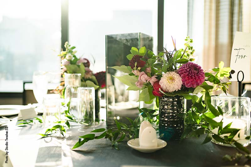 Pink flower and greenery wedding centerpieces