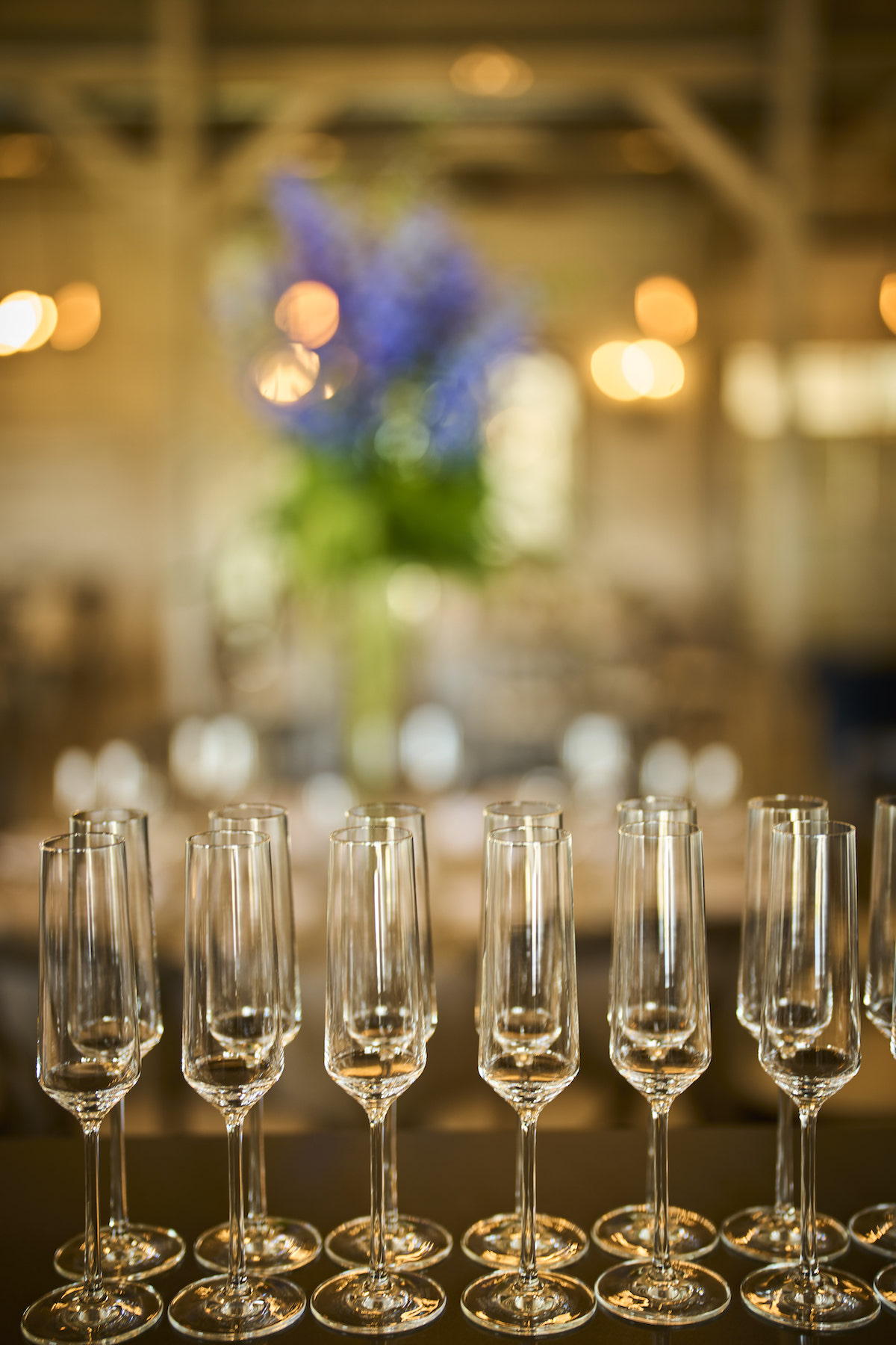 Champagne glasses sit on bar at sophisticated wedding