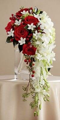 Cascading red and white bridal bouquet by Hy-Vee Floral