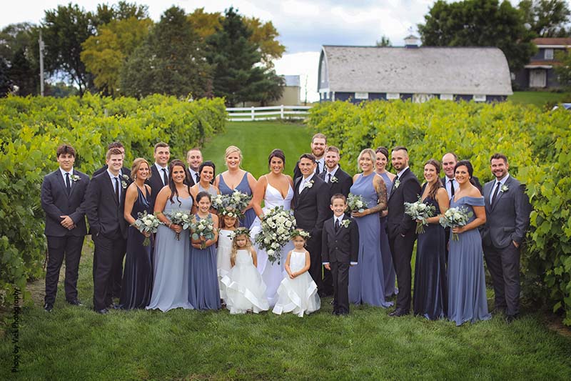 Bride and groom pose with wedding party