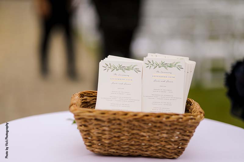 White and green fall wedding programs