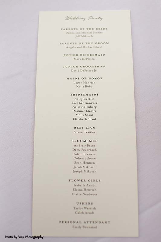 List of wedding party on white stationary