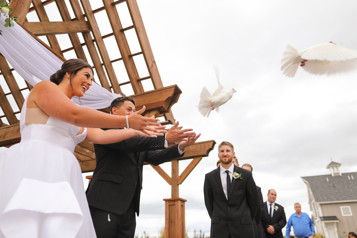 Bride and groom releasing dove at wedding ceremony