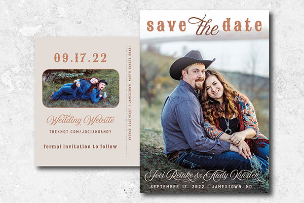 Orange and beige wedding save the date by The UPS Store