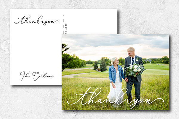 Wedding thank you card with photo of the couple on wedding day