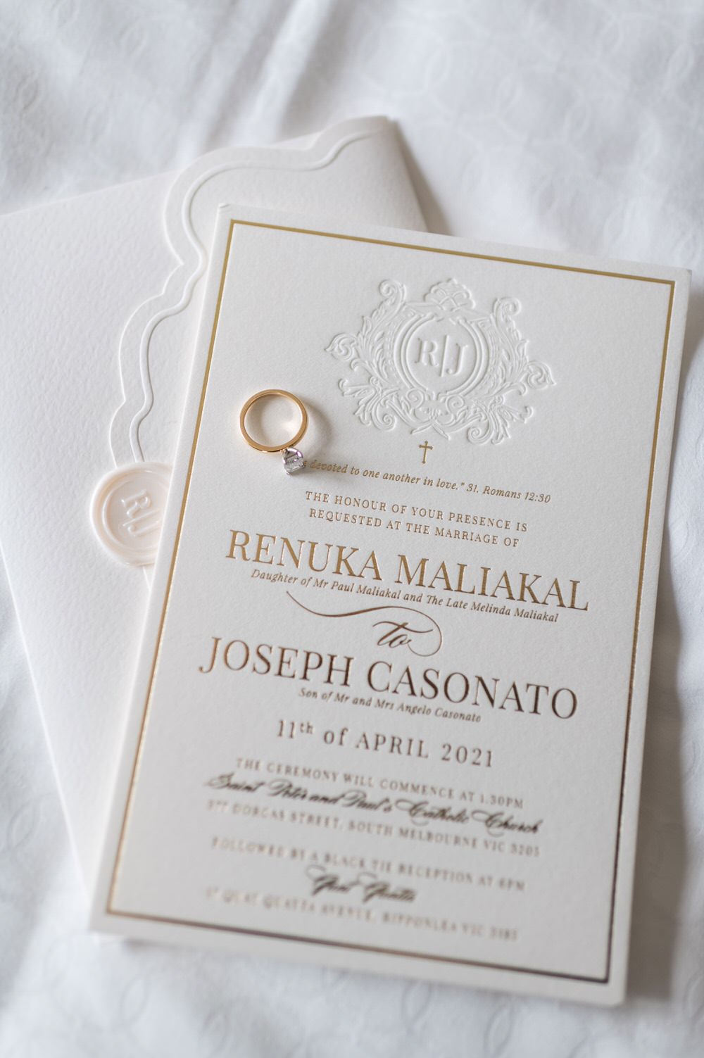 Simple white and gold wedding invitation for an Italian-style wedding