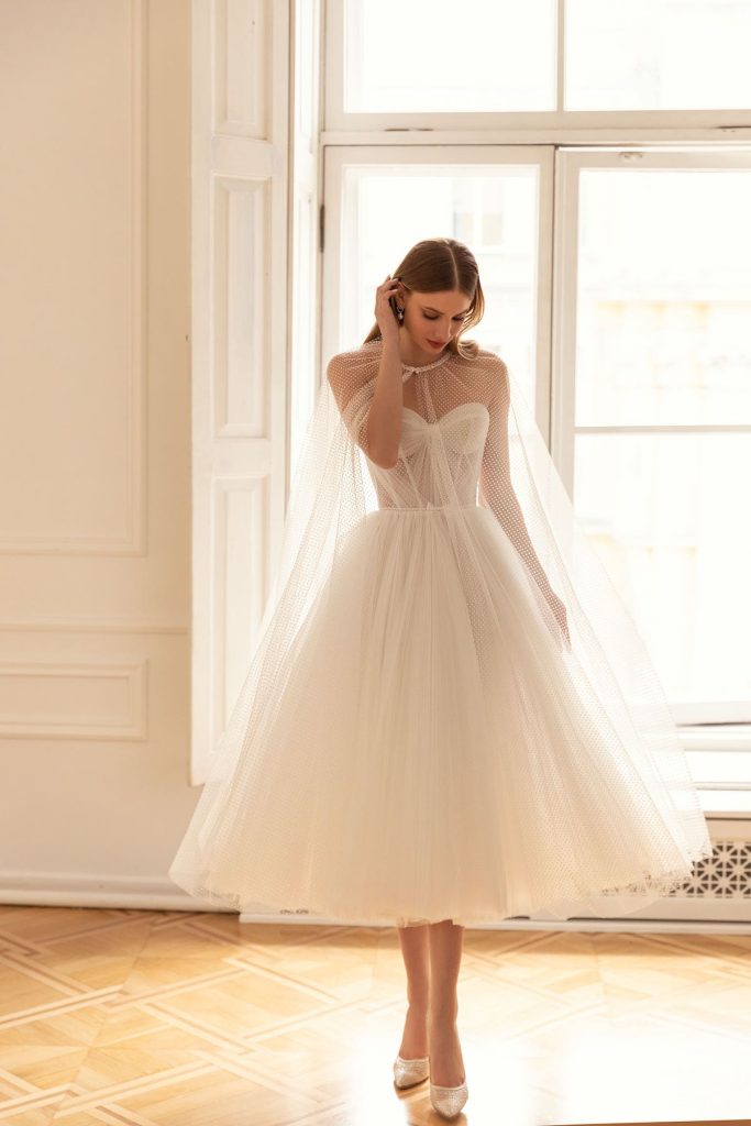 Tea-length tulle bridal gown by Eva Lendel