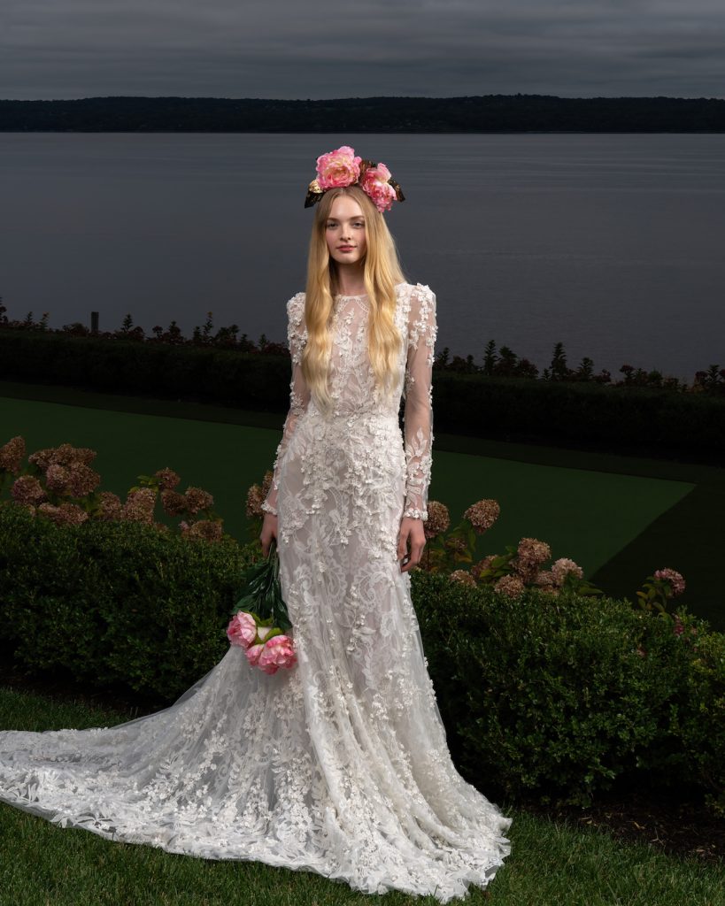 Long-sleeve 3D floral trumpet gown by Reem Acra