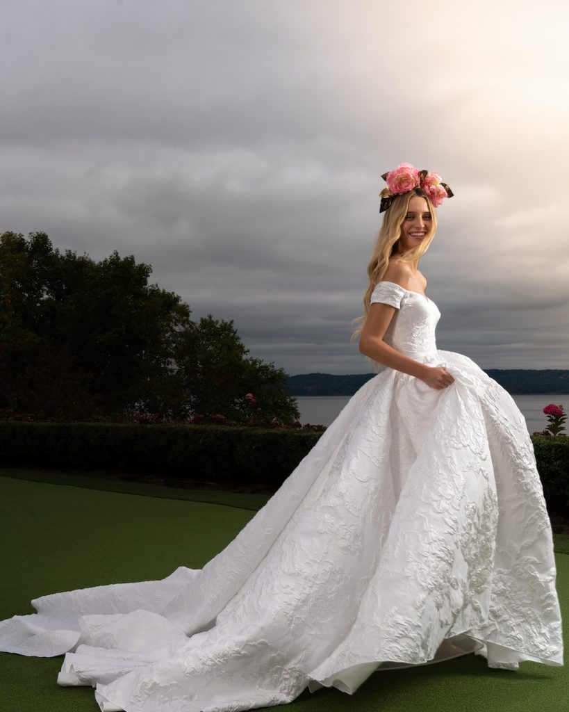 Multi-dimensional bridal ballgown with off-the-shoulder sleeves