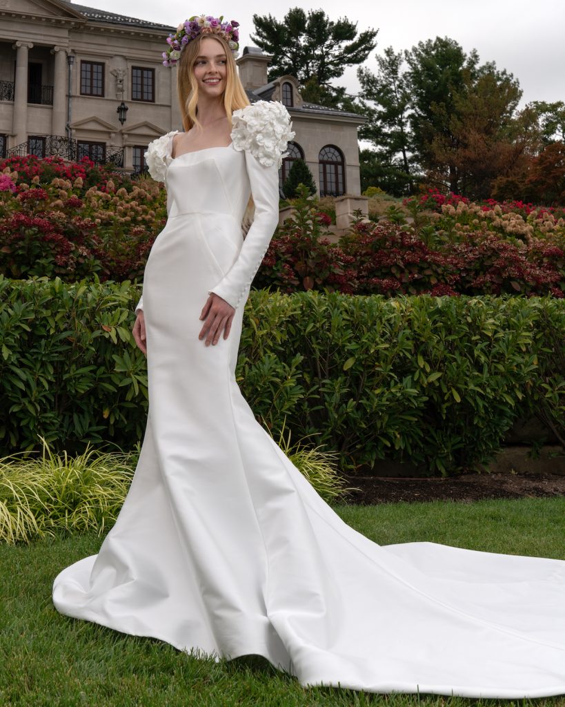 Ruffled long sleeve trumpet gown with square neckline