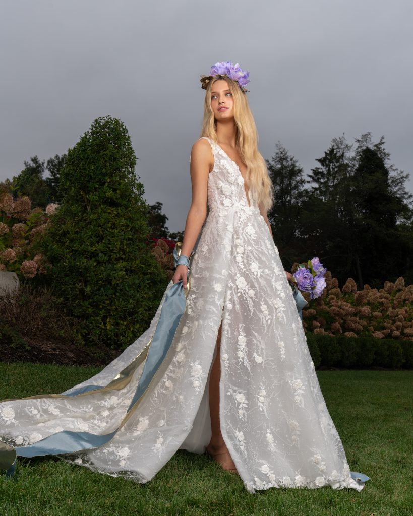 High slit plunging neckline floral bridal gown